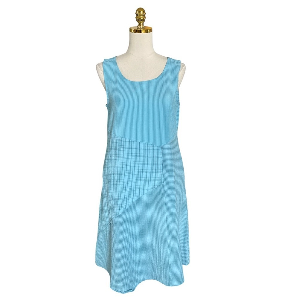 Habitat Women Sleeveless Blue Plaid & Striped Patchwork A-Line Relaxed Dress S